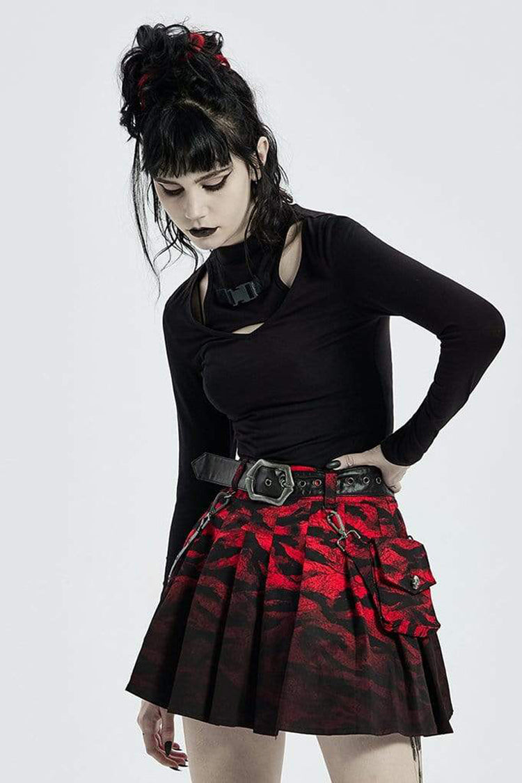 Punk High Collar Long Sleeve Tee with Chest Cutout in Black Knit