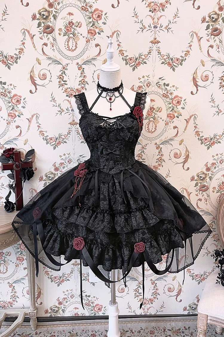 Crying Rose Double-Layer Ruffled Embroidered Bow Lace Gothic Ballet Lolita Skirt Set in 4 Shades