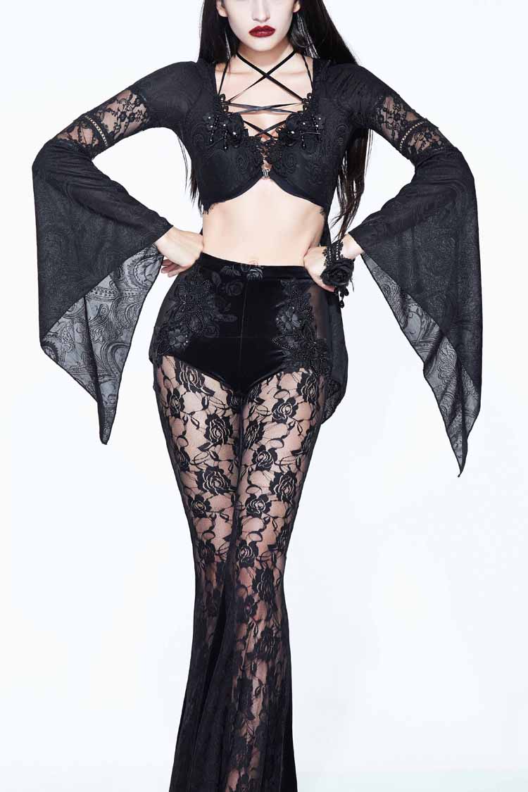 Transparent Mesh Long-Sleeve High-Low Lace Blouse