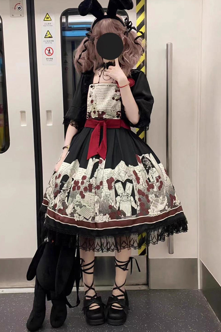 Print Bow Lace Gothic Dress - Alice of the Asylum