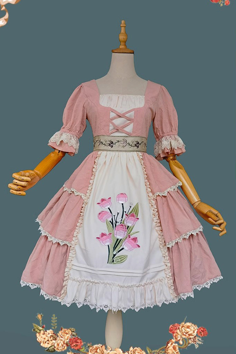 Elegant Lolita JSK with Tulip Print and Multi-Layer Embroidery