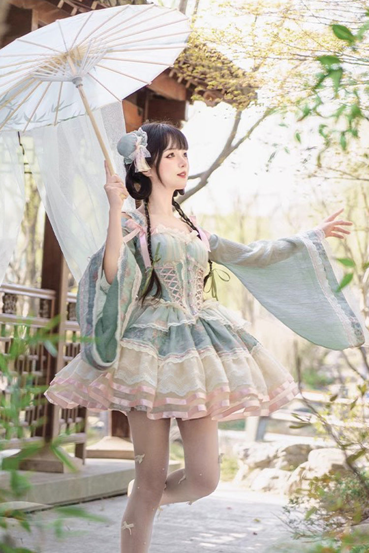 Emerald Waltz Multi-Layer Print Ruffle Bow Sweet Chinese Elegant Lolita Jumper