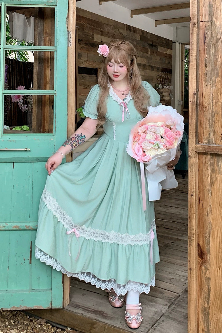 Emerald V Collar Short Sleeve Ruffled Lace Sweet Plus Size Lolita Gown
