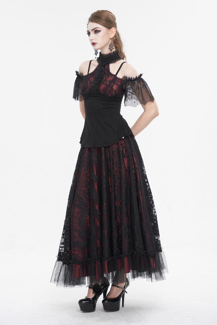 Crimson & Noir Off-Shoulder Lace Round Collar Panel Gothic Shirt