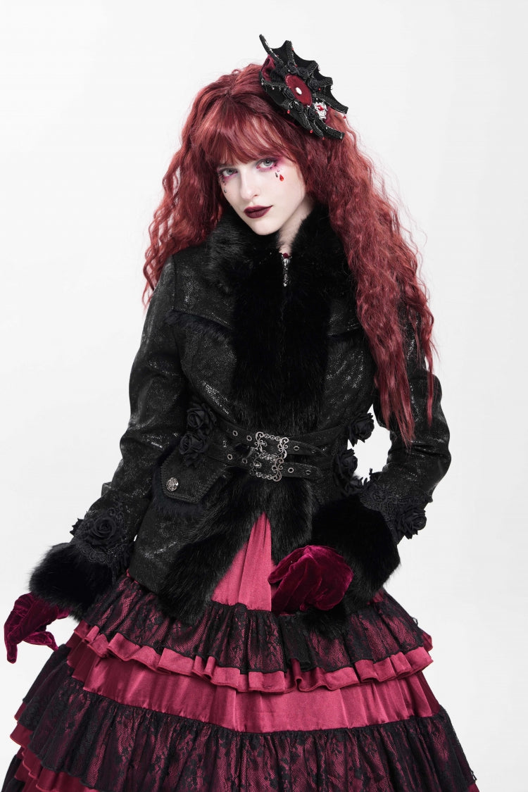 Victorian Gothic Coat with Rose Floral Embroidery and Buckle Straps, Long Sleeve