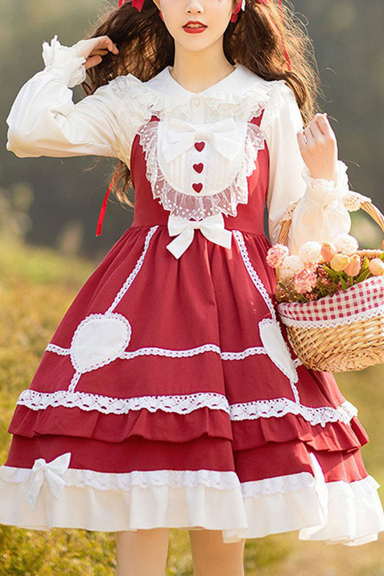 Burgundy Bow-Trimmed High-Waist Lace Sweet Lolita Jumper