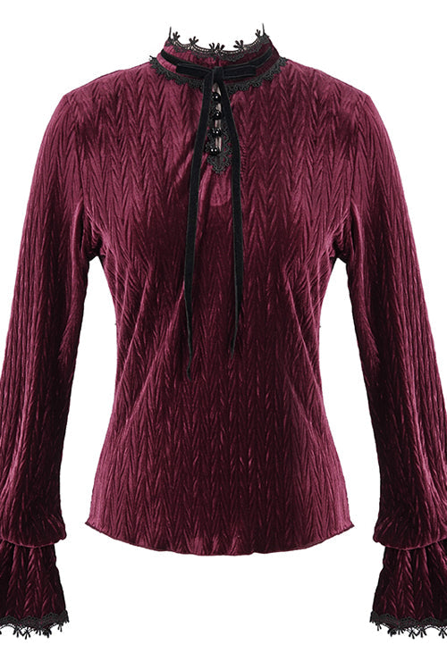 Ruby Velvet Flared-Sleeve Gothic Blouse with Pleats