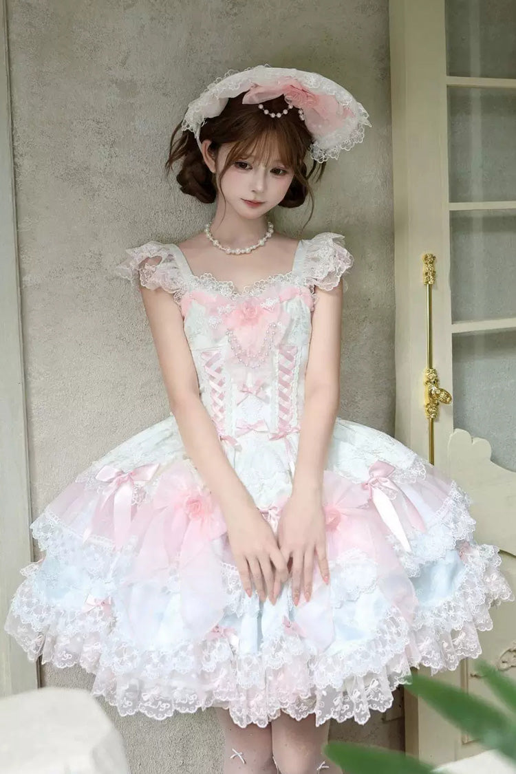 Pink Shadow Veil Square Collar Flutter Sleeves Multi-Layered Bow Lace Sweet Lolita Jsk Dress