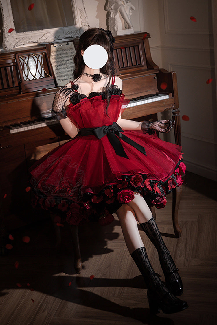Burgundy Eternal Night Bouquet Sleeveless Ruffle Bow Sweet Princess Lolita Gown