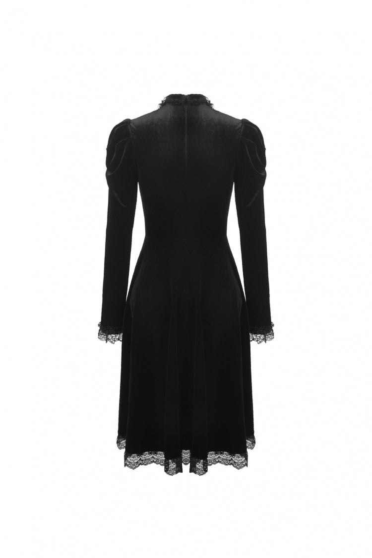 Gothic Velvet Gown with Puff Sleeves and Lace Detailing in Black