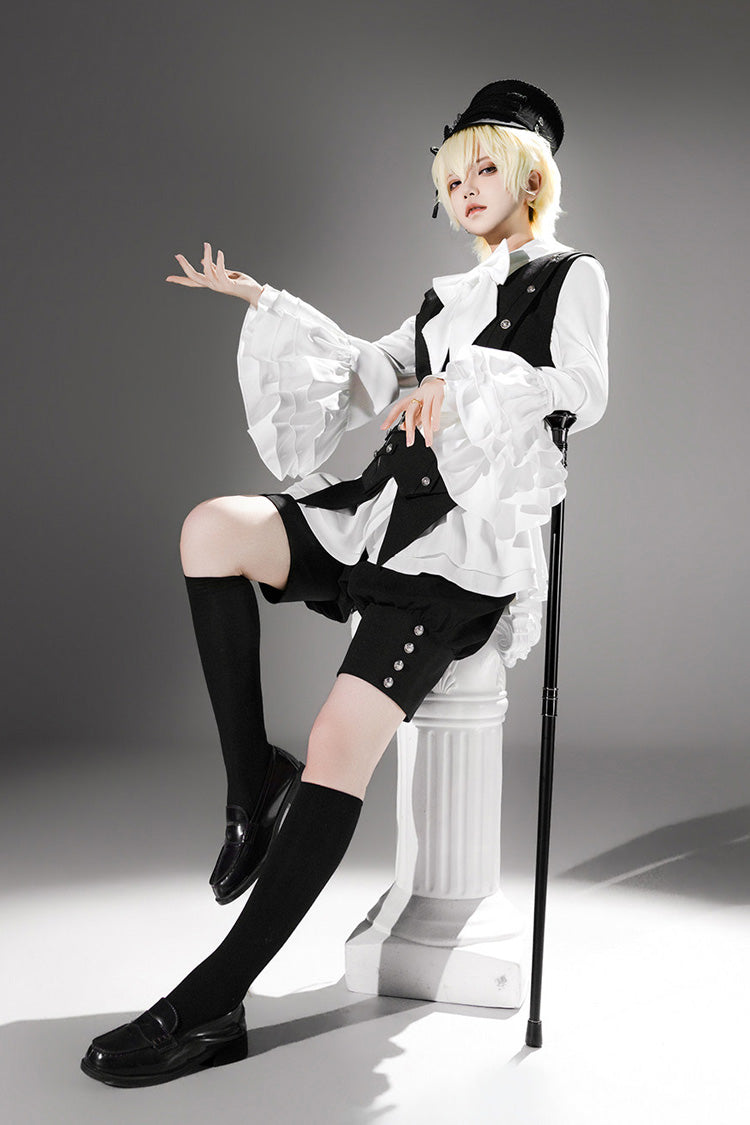 Lapel Collar Ruffled Bow Classic Prince Ouji Set - Ash