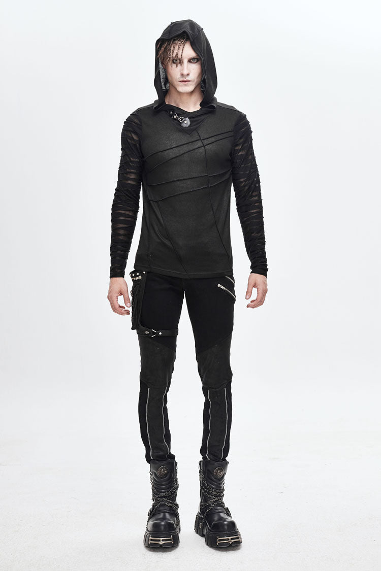 Men's Punk T-Shirt with Hood and Metal Button Striped Patchwork