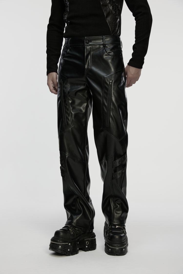 Men's Punk Faux Leather Trousers with Eyelets and Zip - Noir