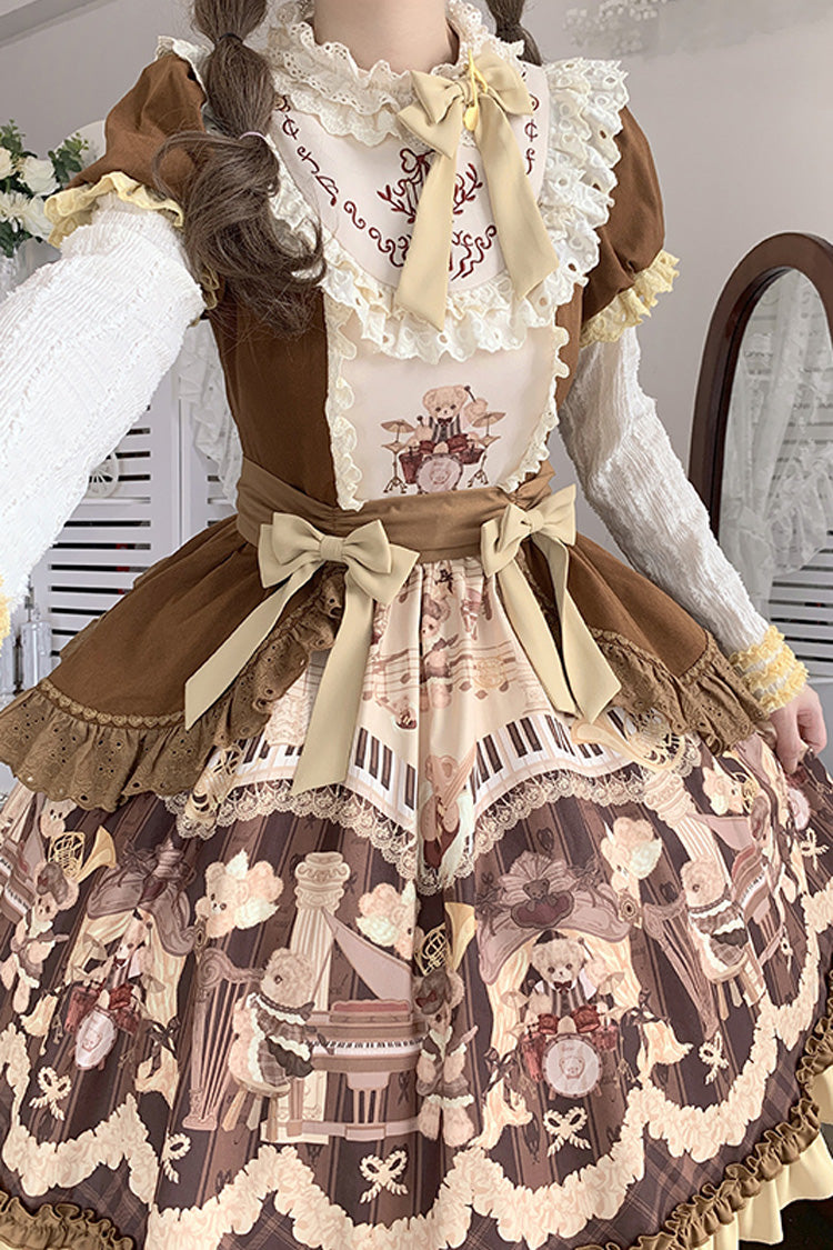 Chocolate Print Ruffle Bow Princess Dress - Little Bear Concerto