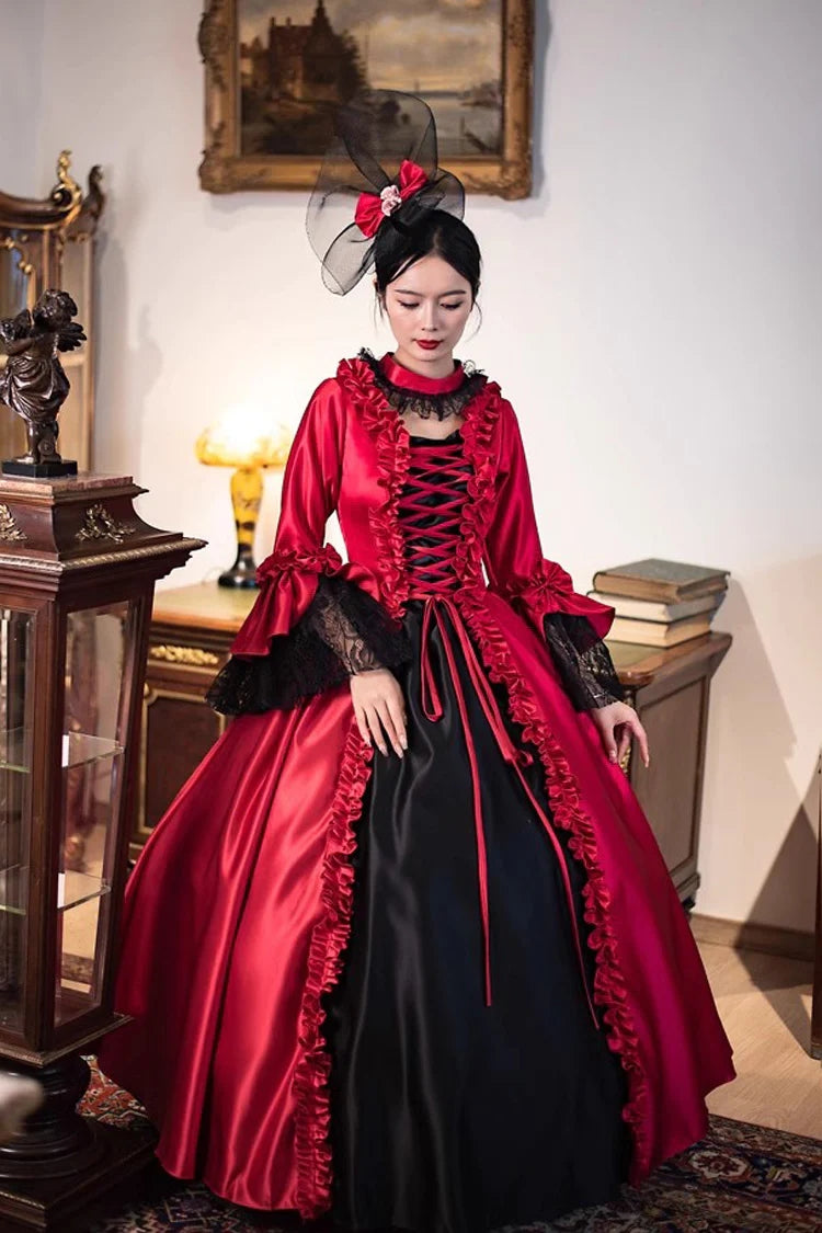 Burgundy Print Medieval Court Rococo Gothic Victorian Lolita Maxi Dress