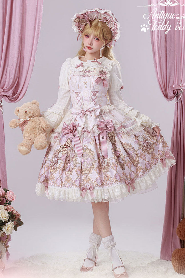 Antique Teddy Bear Sleeveless Printed Bow Lace JSK, Sweet Elegant Lolita
