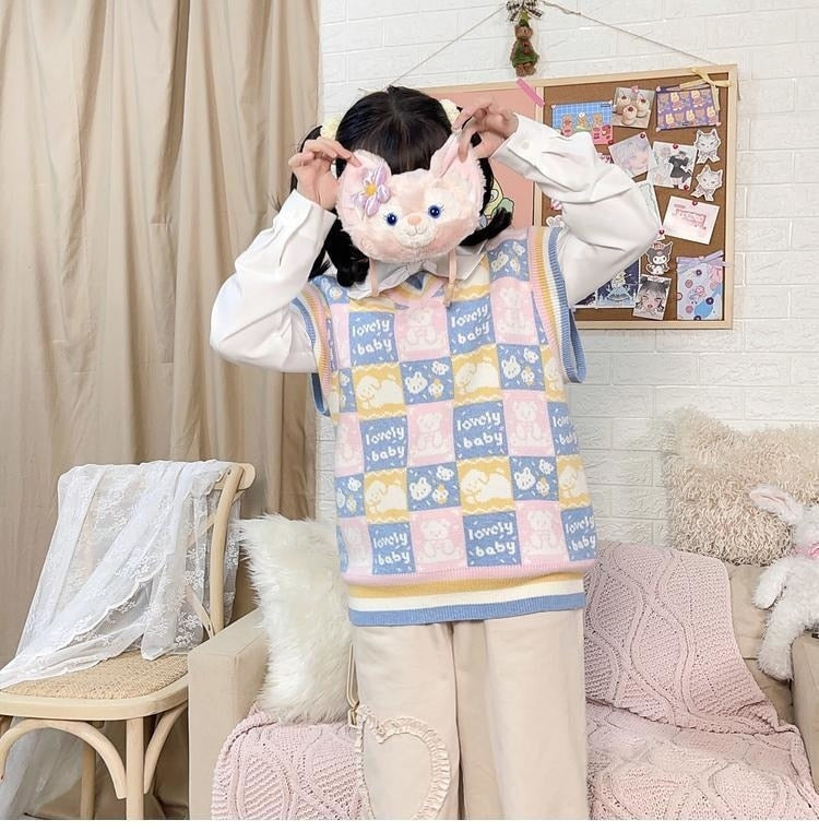 Checkered bear knit vest - fairy-kei - kawaii - knit top - knitwear - plaid