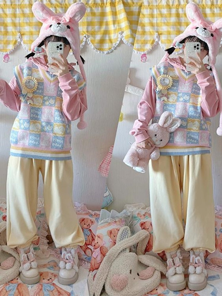 Checkered bear knit vest - fairy-kei - kawaii - knit top - knitwear - plaid