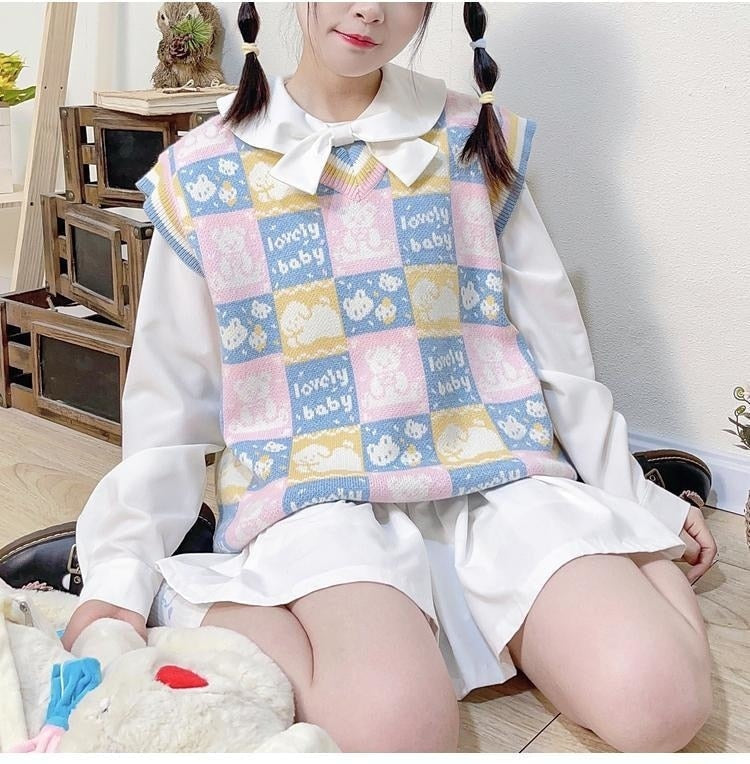 Checkered bear knit vest - fairy-kei - kawaii - knit top - knitwear - plaid