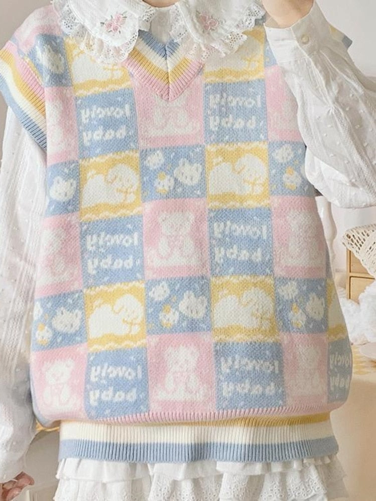 Checkered bear knit vest - fairy-kei - kawaii - knit top - knitwear - plaid