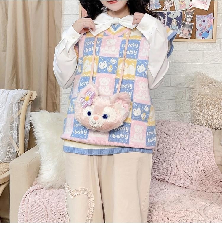 Checkered bear knit vest - fairy-kei - kawaii - knit top - knitwear - plaid