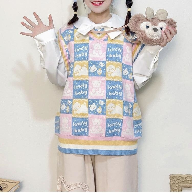 Checkered bear knit vest - fairy-kei - kawaii - knit top - knitwear - plaid