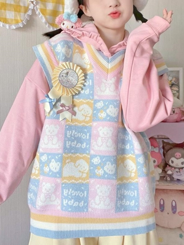 Checkered bear knit vest - fairy-kei - kawaii - knit top - knitwear - plaid