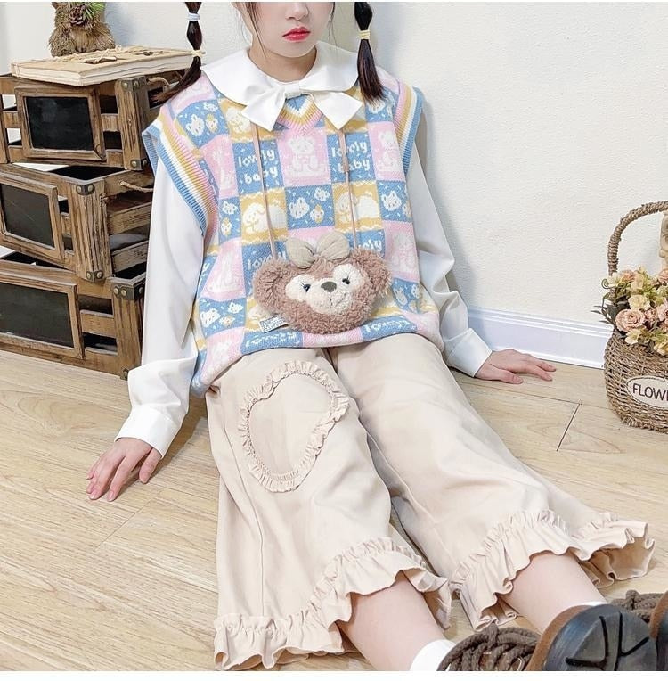 Checkered bear knit vest - fairy-kei - kawaii - knit top - knitwear - plaid