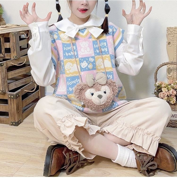 Checkered bear knit vest - fairy-kei - kawaii - knit top - knitwear - plaid