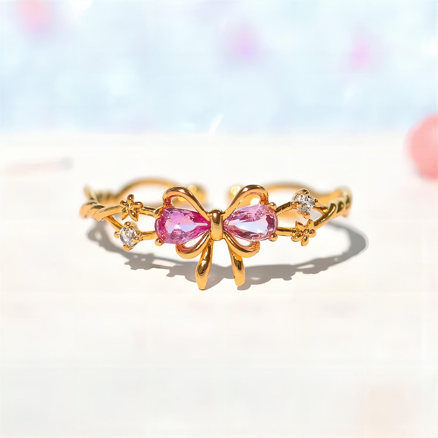 Adjustable Crystal Floral Bowknot Ribbon Ring