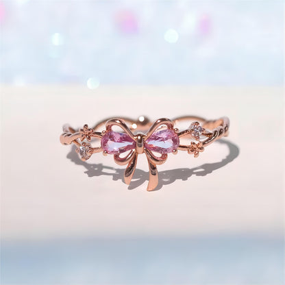 Adjustable Crystal Floral Bowknot Ribbon Ring