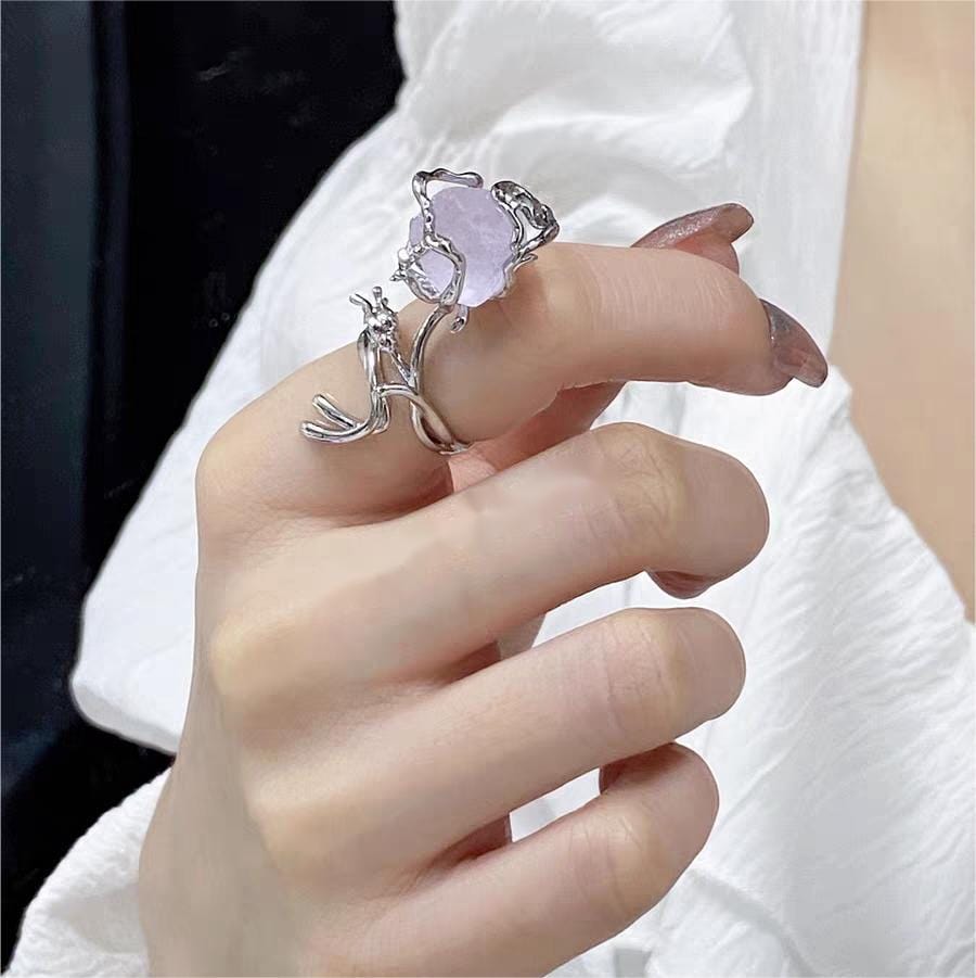 Adjustable Purple Raw Crystal Rose Ring