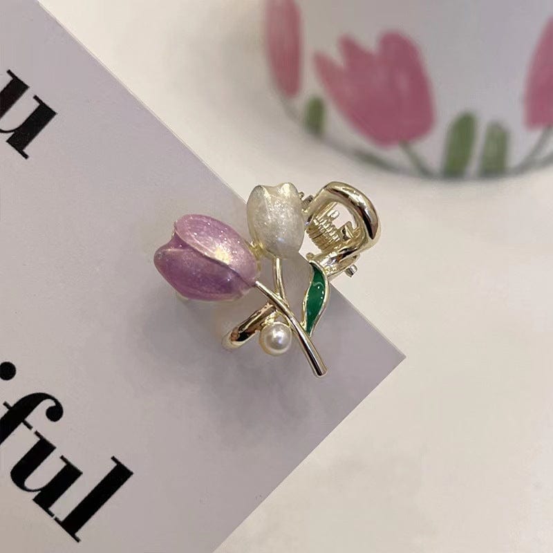 Trendy Colorful Enamel Pearl Charm Tulip Hair Clip