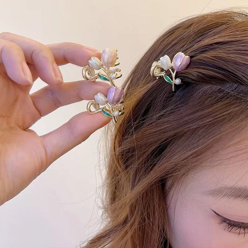 Trendy Colorful Enamel Pearl Charm Tulip Hair Clip