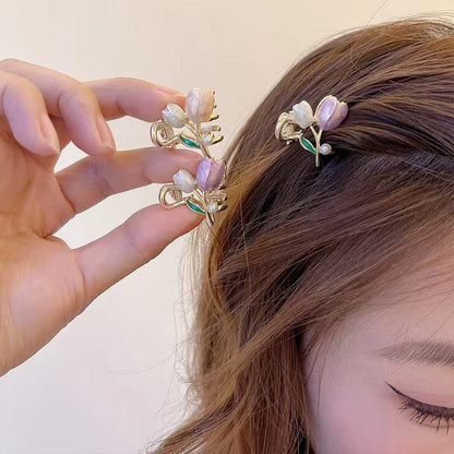 Trendy Colorful Enamel Pearl Charm Tulip Hair Clip