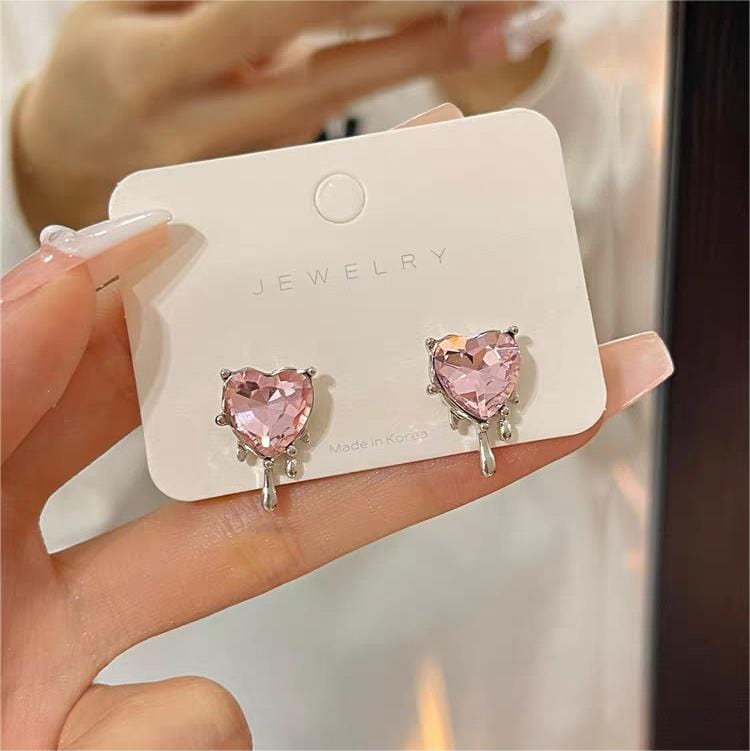 Trendy Pink Crystal Heart Melting Earrings