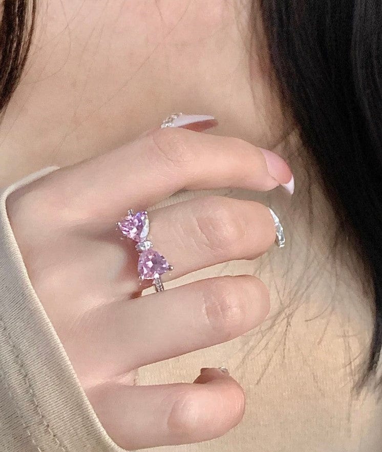 Bague en forme de cœur avec nœud papillon en cristal coloré et doux