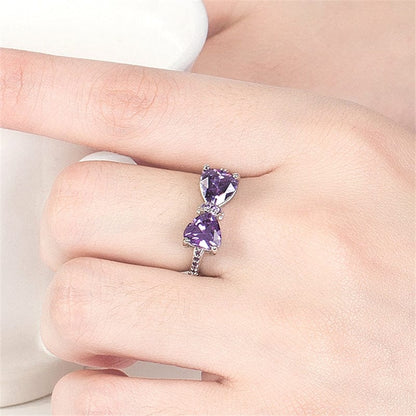 Bague en forme de cœur avec nœud papillon en cristal coloré et doux