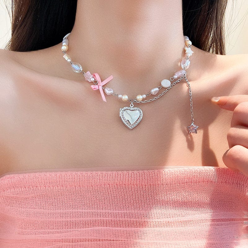 Y2K Heart Locket Pendant Star Pearl Chain Necklace