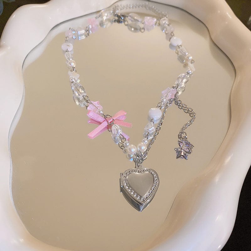 Y2K Heart Locket Pendant Star Pearl Chain Necklace