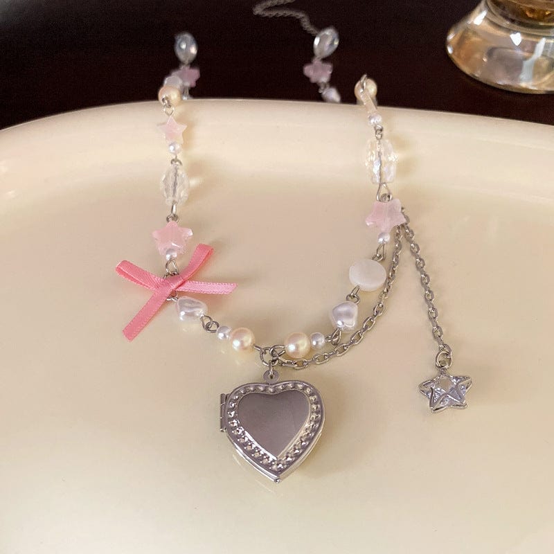 Y2K Heart Locket Pendant Star Pearl Chain Necklace