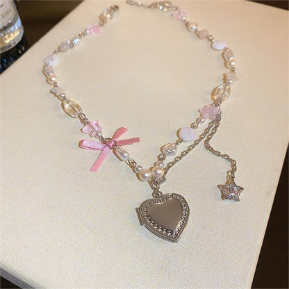 Y2K Heart Locket Pendant Star Pearl Chain Necklace