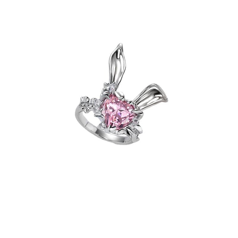 Kawaii-Ring mit rosa Kaninchen-Herz und Kristall