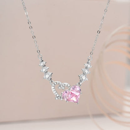 Trendy Pink Diamond Duo Heart Necklace