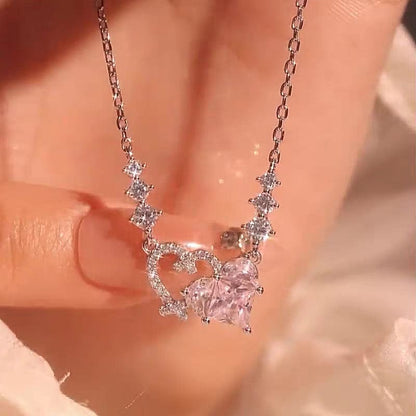 Trendy Pink Diamond Duo Heart Necklace