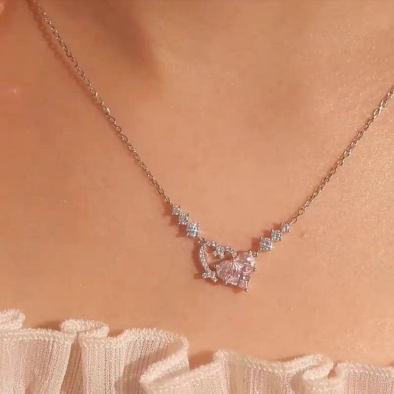 Trendy Pink Diamond Duo Heart Necklace