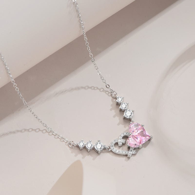 Trendy Pink Diamond Duo Heart Necklace