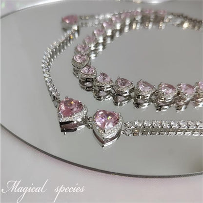 Trendy Elegant Pink Diamond Heart Necklace