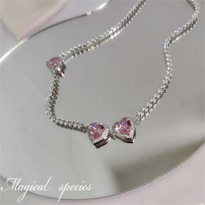 Trendy Elegant Pink Diamond Heart Necklace