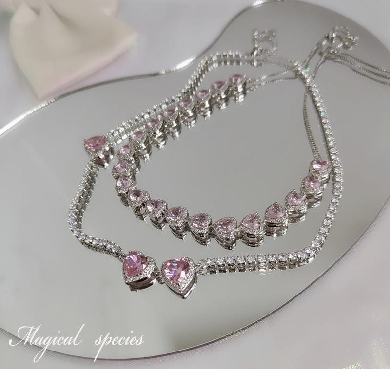 Trendy Elegant Pink Diamond Heart Necklace